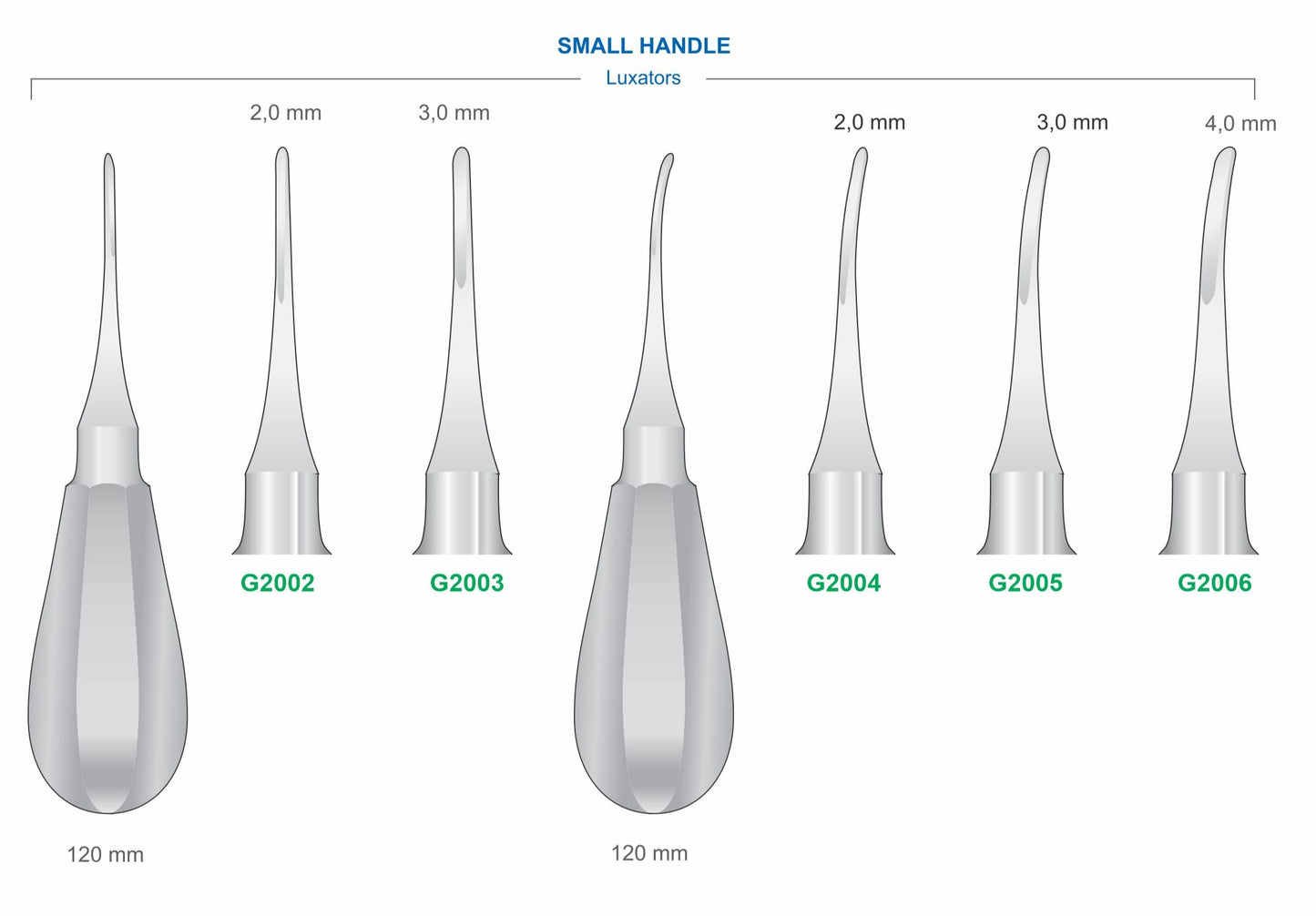 Small Handle Straight & Curved Luxators G2002-G2006 | Dental Root Elevator Instruments