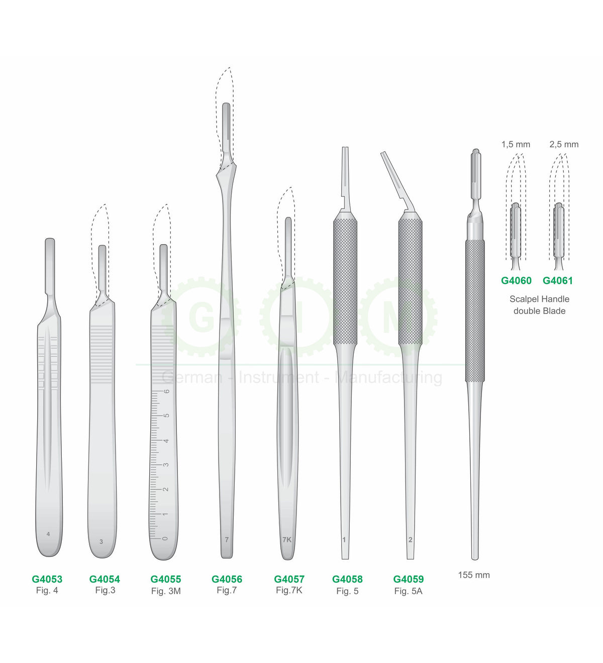 Scalpel Handles Fig. 3, 3M, 4, 7, 7K, 5, 5A and Double Blade Handles 155mm - G4053 / G4061 Series
