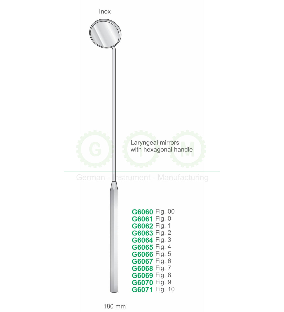 Laryngeal Mirrors with Hexagonal Handle, 180mm