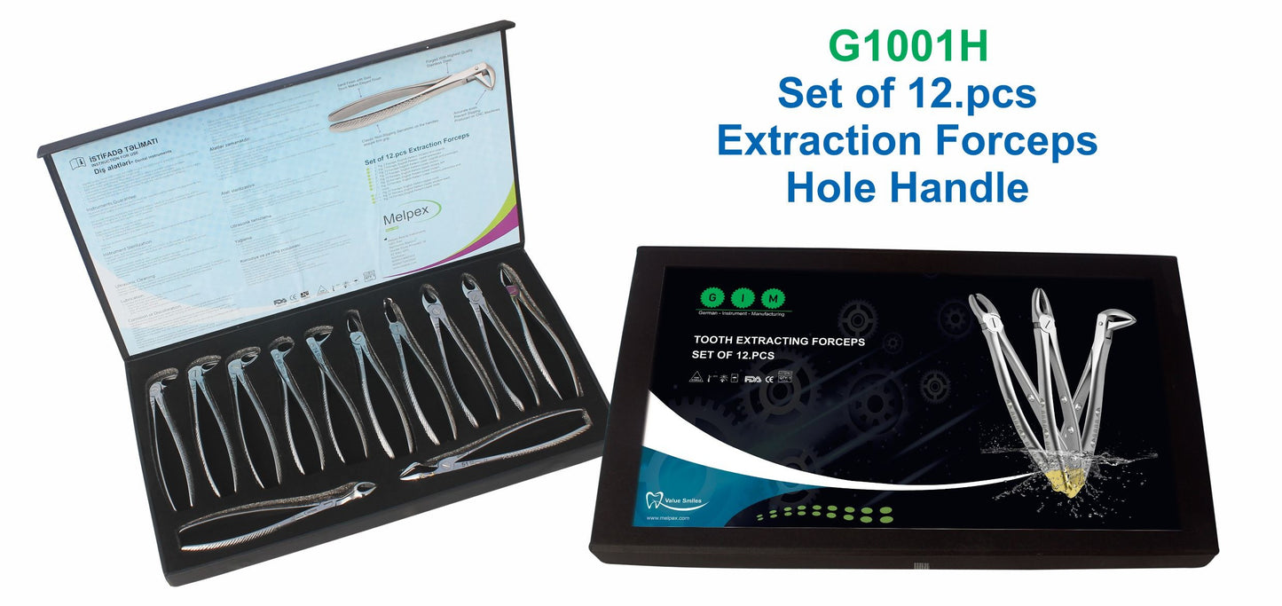 Premium Set of 12 Dental Extraction Forceps G1001H Hole Handle | Complete Surgical Tooth Extraction Instruments Set Pakistan