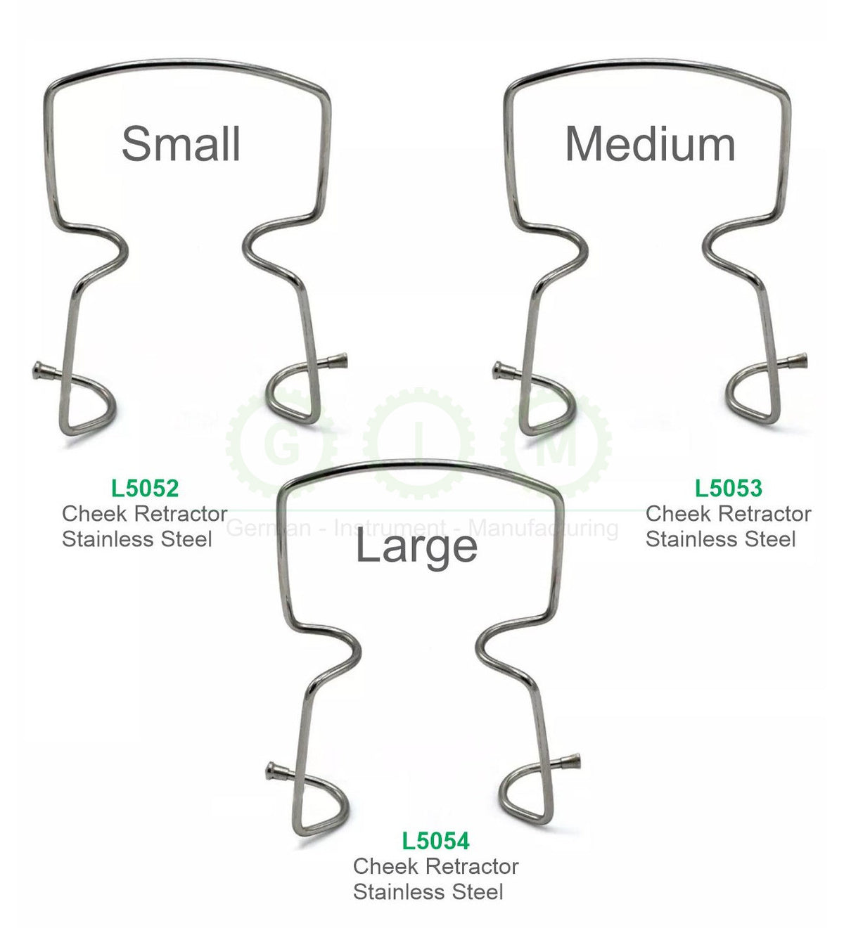 Small, Medium and Large Stainless Steel Cheek Retractors
