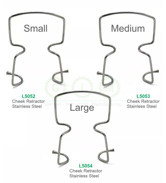 Small, Medium and Large Stainless Steel Cheek Retractors