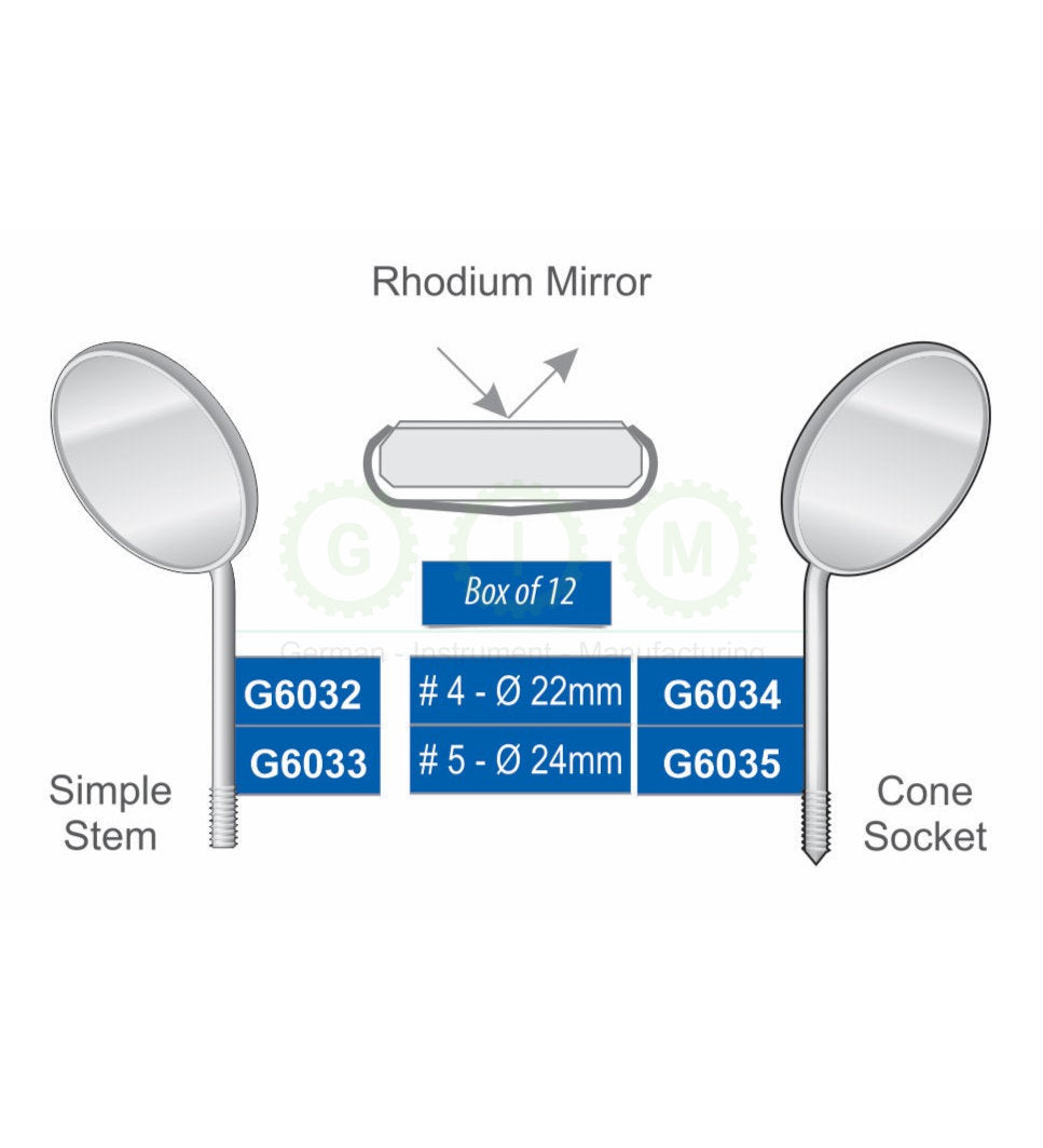 Rhodium Dental Mirrors, Simple Stem and Cone Socket
