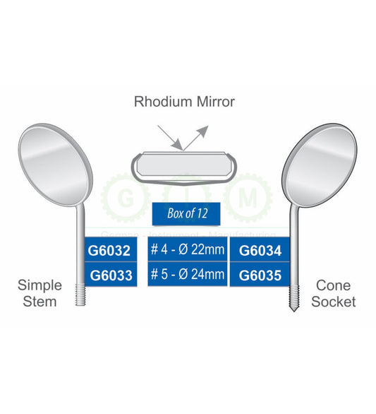 Rhodium Dental Mirrors, Simple Stem and Cone Socket